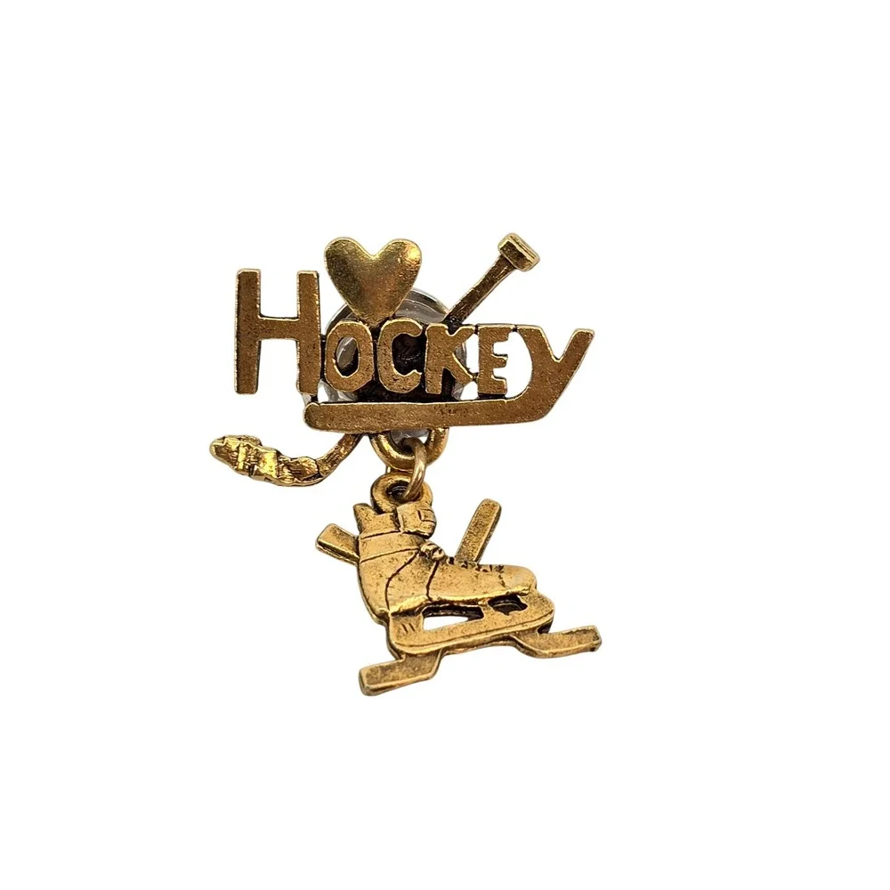 Vintage Gold Tone I Love Hockey Dangle Ice Skate Lapel Pin Sports Jewelry